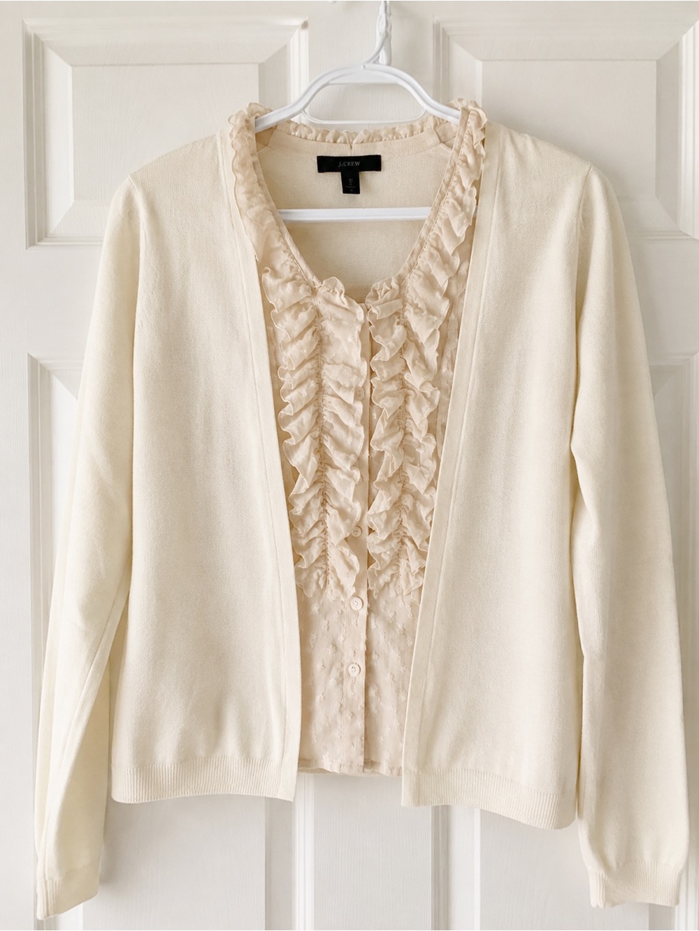 🆕 J.Crew Ivory Merino Wool Cardigan Sweater Ruffle Blouse Underlay L Fits M 6/8